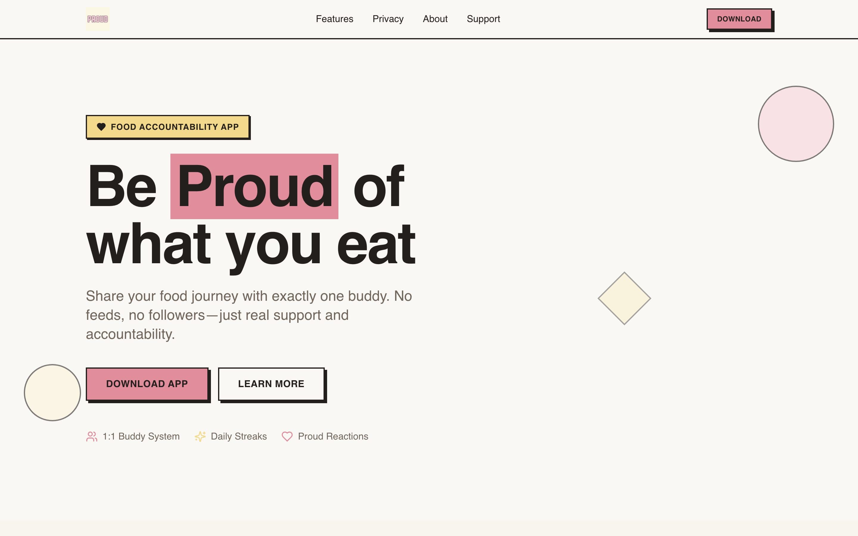 The Proud home page, a food accountability app shared with one buddy