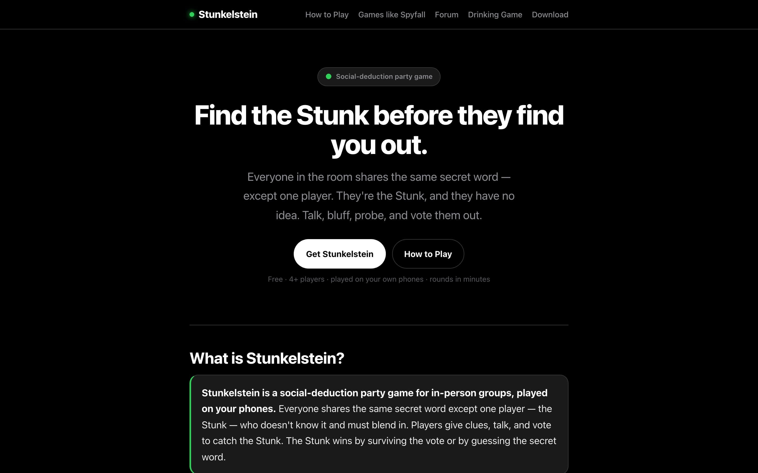 The Stunkelstein home page, a social deduction party game played on phones