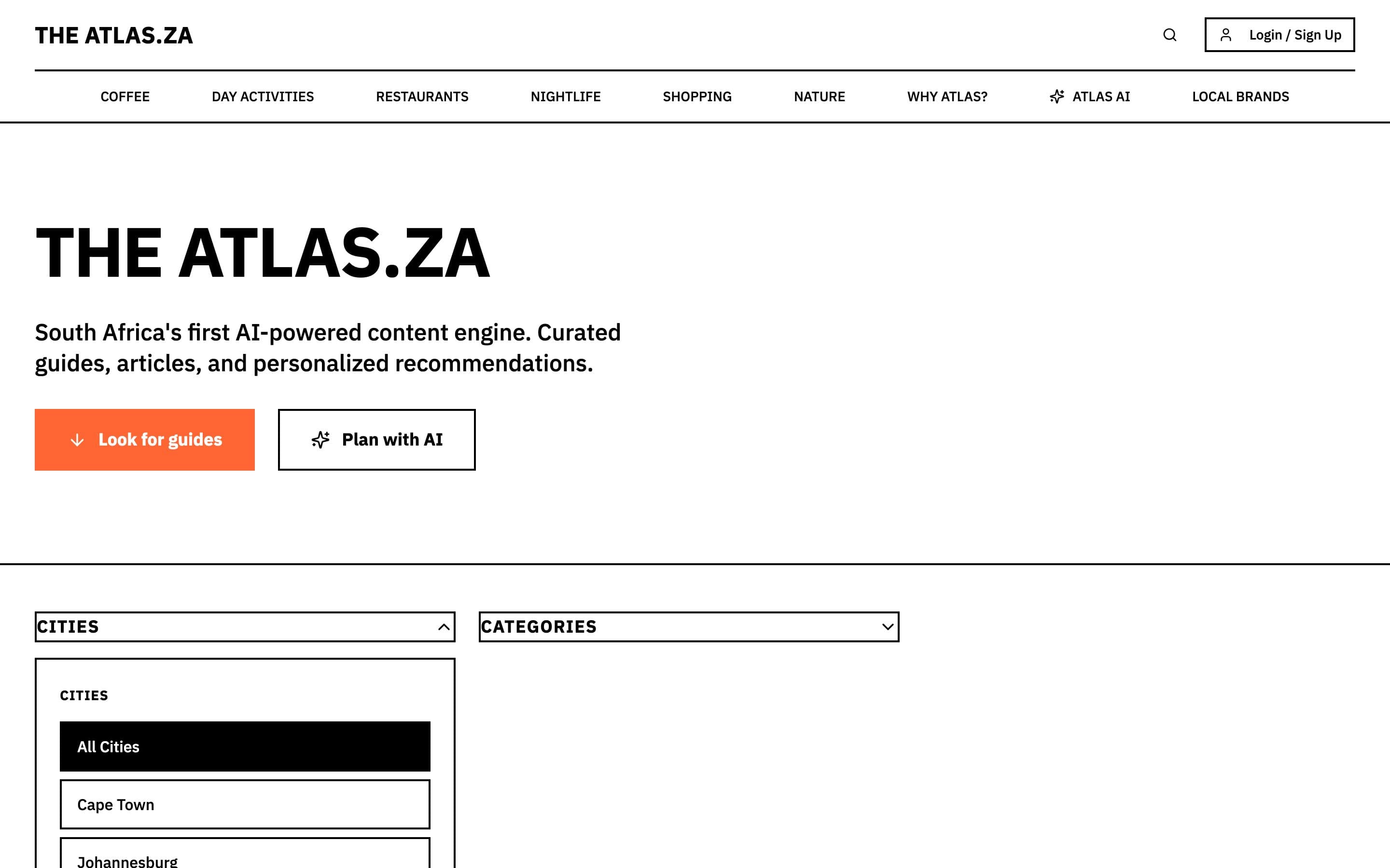 The Atlas ZA home page, a curated travel guide to South African cities