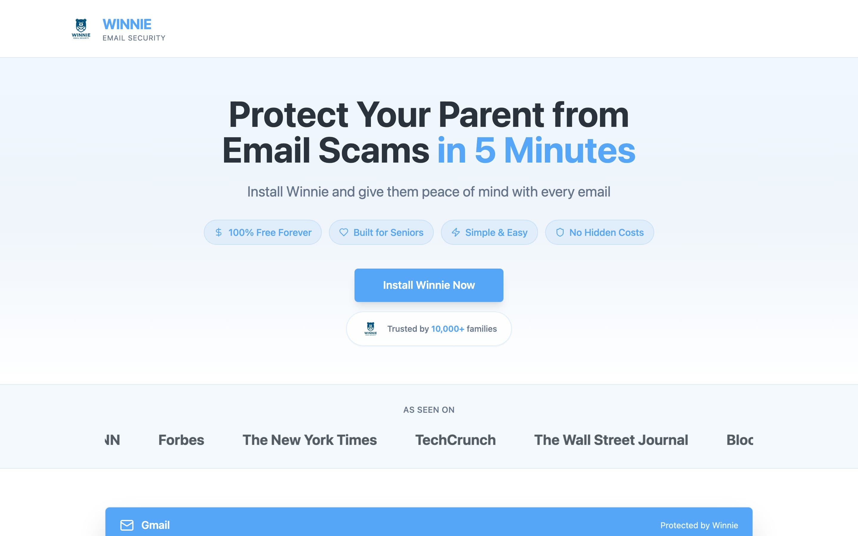 The Winnie home page, a Chrome extension that blocks phishing email
