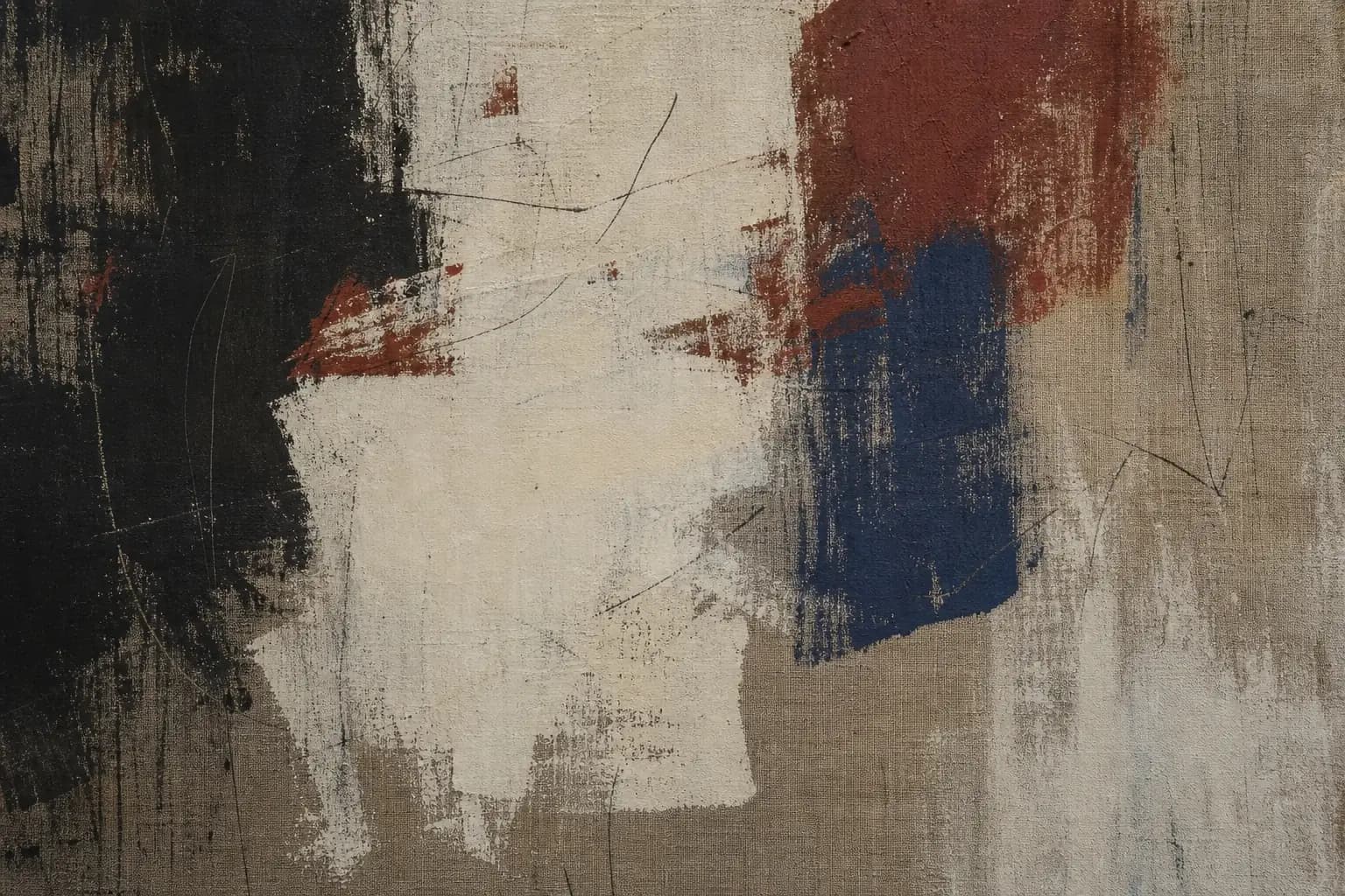 Detail of an abstract work on raw linen in ivory, black, oxide red, and ultramarine