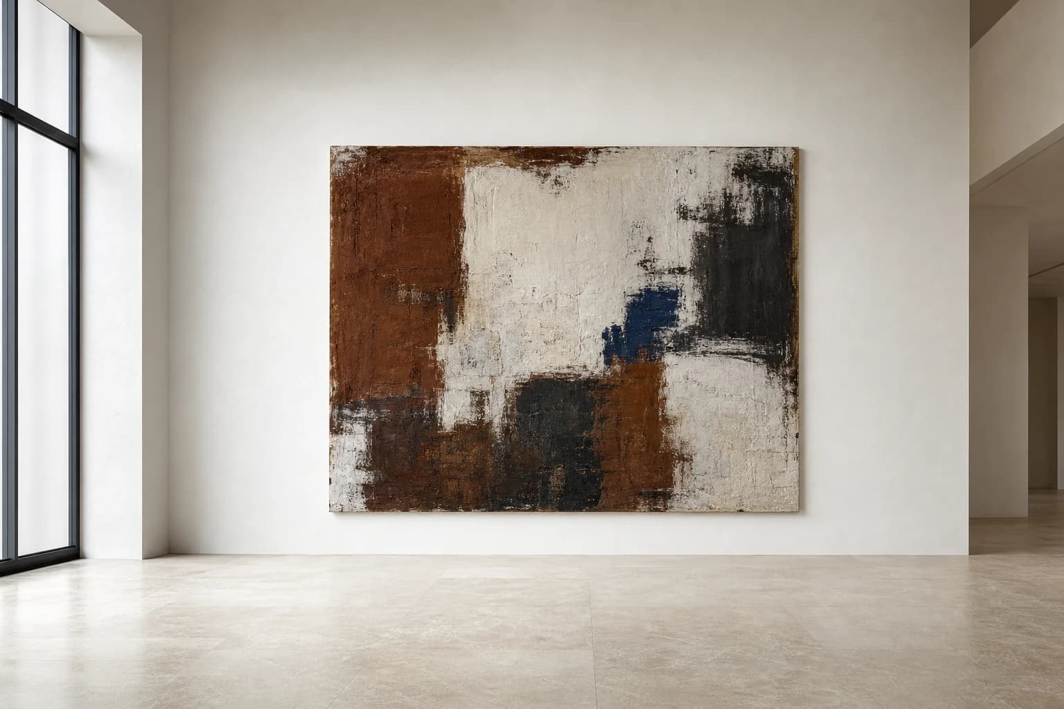 A monumental abstract painting installed in a quiet, light-filled gallery